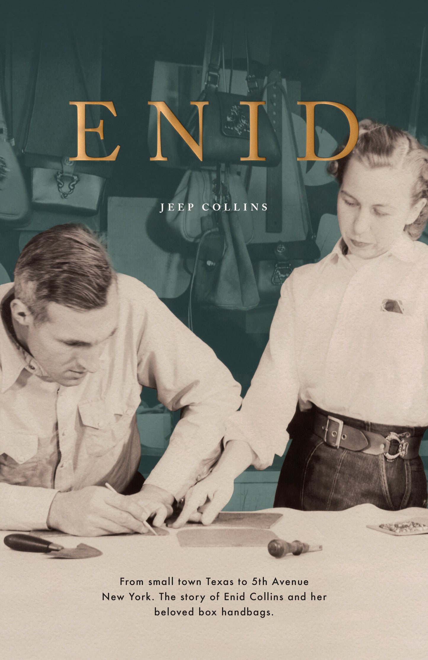 Vintage style image of a man and woman working together on leather handbags, showcasing craftsmanship behind Enid, personally curated in Fredericksburg, Texas for effortless Hill Country style.