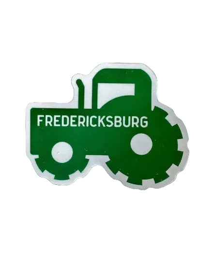 Green tractor sticker with “FREDERICKSBURG” text