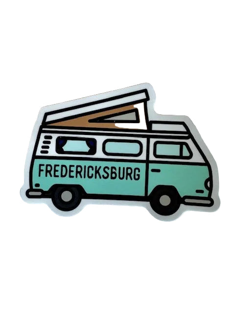 Pop-Top Camper Sticker: green camper van with 'FREDERICKSBURG'.