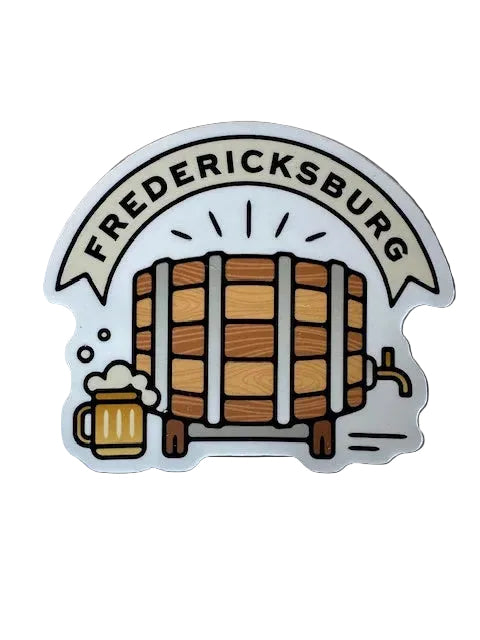 Fredericksburg beer keg sticker with beer mug icon and curved top text