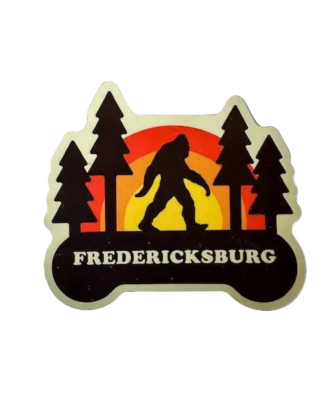 Sasquatch Believer sticker with pine trees, sasquatch silhouette, and text FREDERICKSBURG