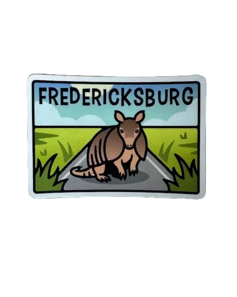 I'M Kind Of A Big Dillo Armadillo sticker: cartoon armadillo with 'FREDERICKSBURG'