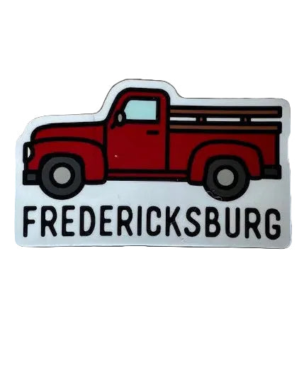 Old Pickup Sticker: red truck decal with 'FREDERICKSBURG' text