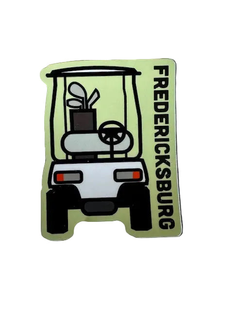 Golf cart sticker with black cart illustration and vertical 'FREDERICKSBURG' text