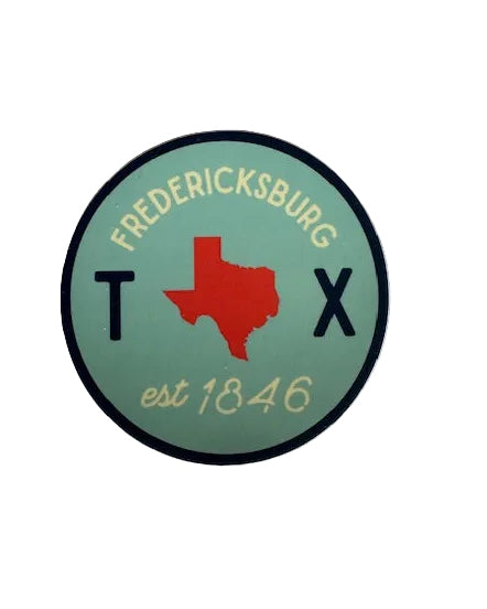 Texas Circle Est. 1846 sticker with red Texas map and Fredericksburg text