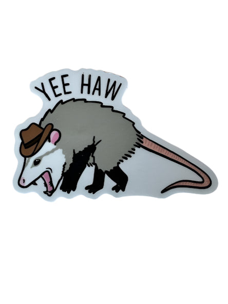 Yee Haw Cowboy Possum Aufkleber mit Cowboyhut und Text „YEE HAW“