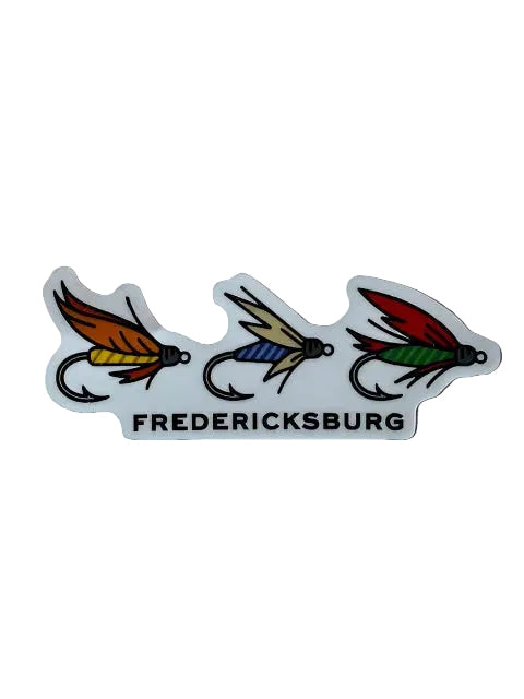 Feeling Fly Fishing sticker with three colorful fly lures and “FREDERICKSBURG” text