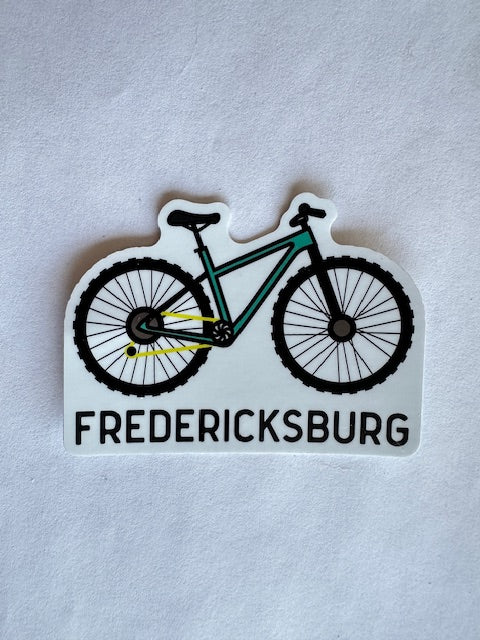 Mountain bike sticker with green bicycle graphic and “FREDERICKSBURG” text