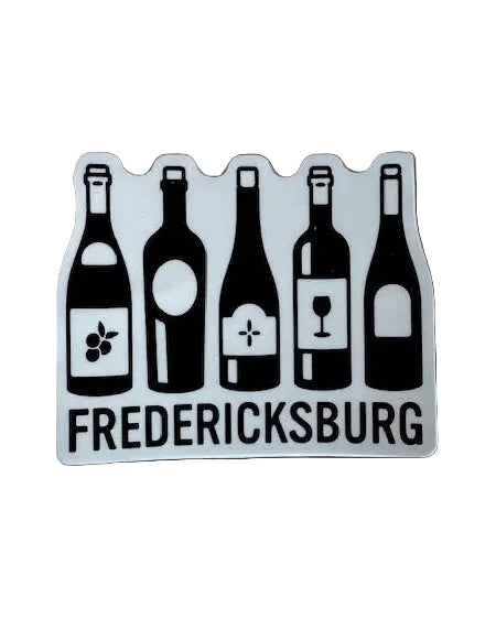 Five wine bottle sticker with 'FREDERICKSBURG' text