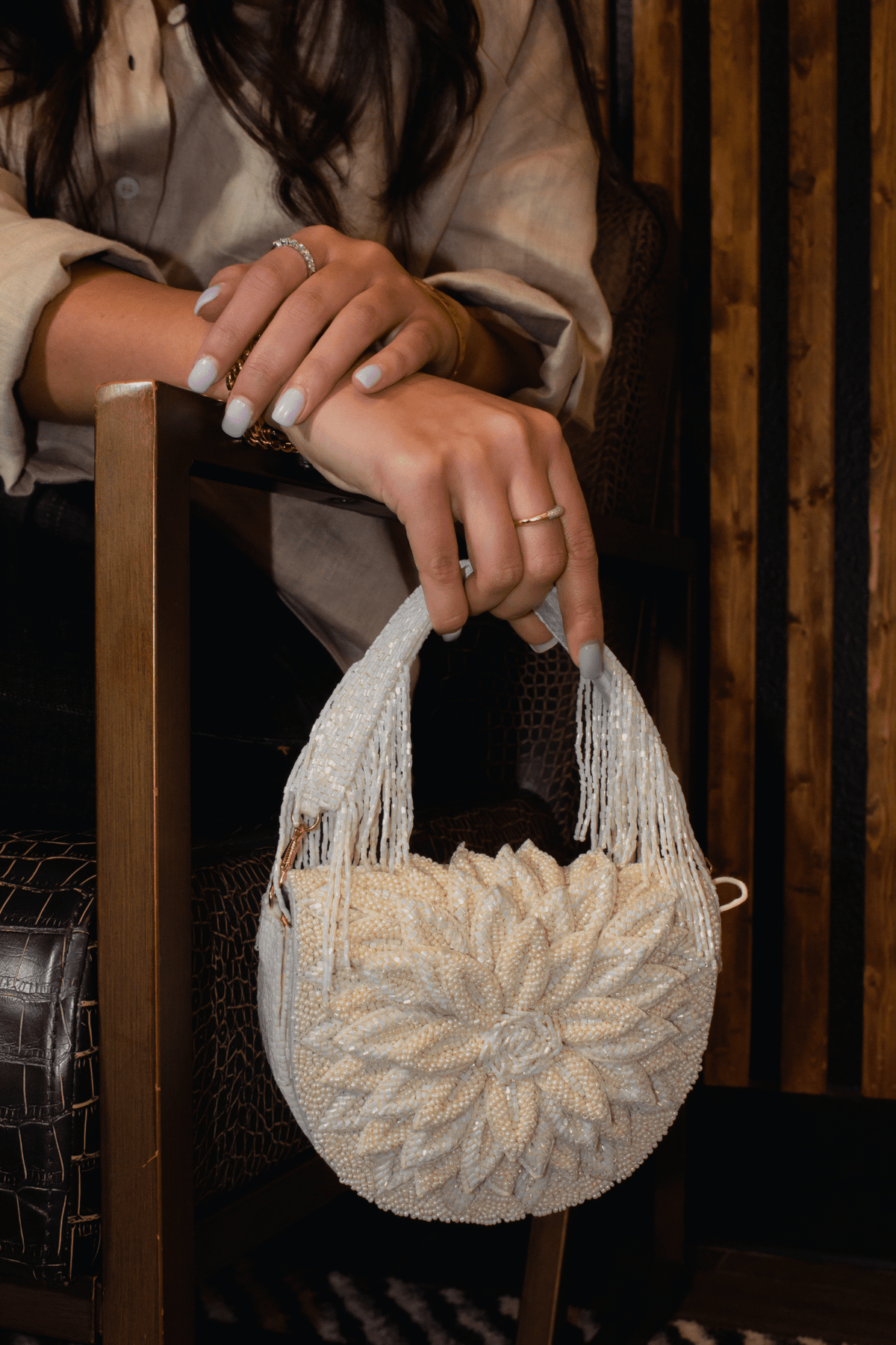 Ivory Dahlia Beaded Handbag