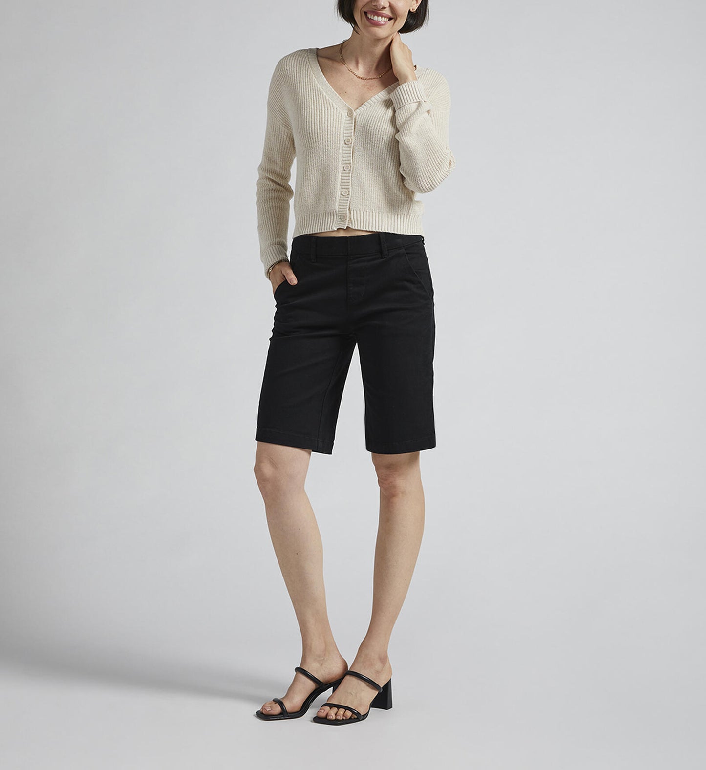 Maddie 10" black shorts styled with knit cardigan and heels, JAG JEANS sale at Fredericksburg