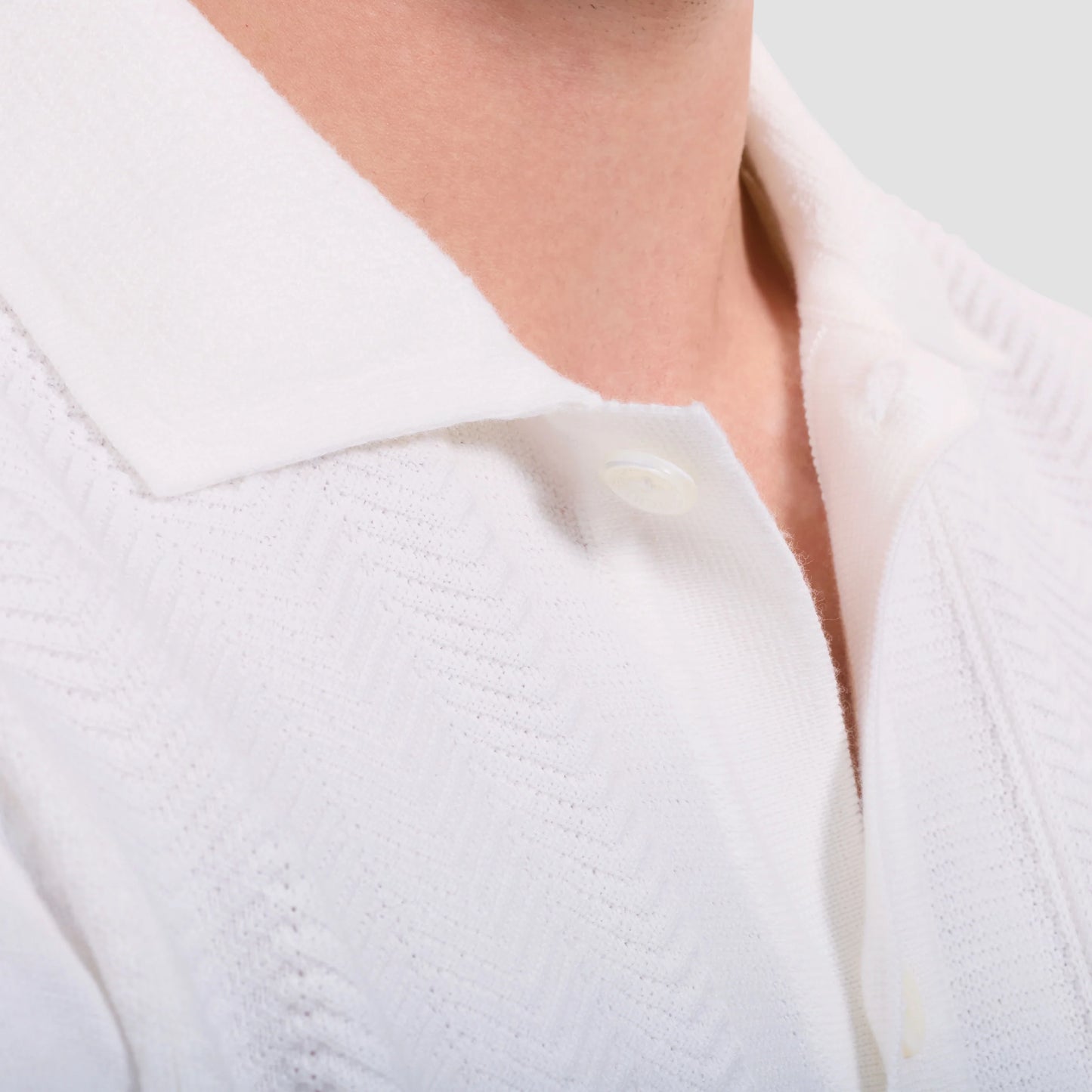 Chevron Button-Front Short-Sleeve Polo Sweater - Chalk with mother-of-pearl buttons by BUGATCHI