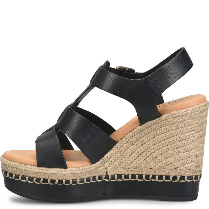 Rayleigh black leather wedge sandal with braided jute heel and adjustable strap by KORKEASE