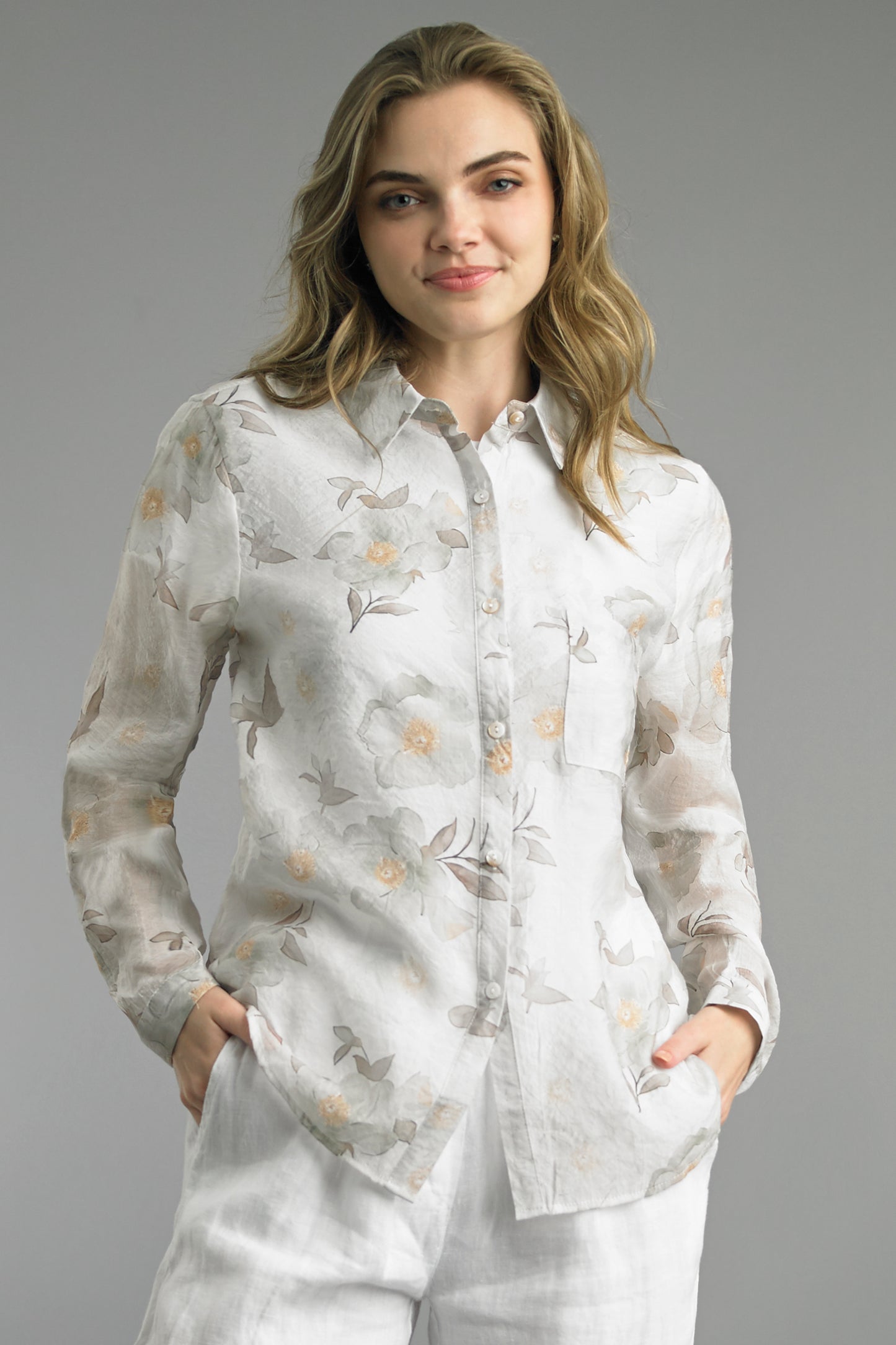Camellias floral long sleeve blouse in soft breathable rayon, TEMPO PARIS, Fredericksburg TX boutique