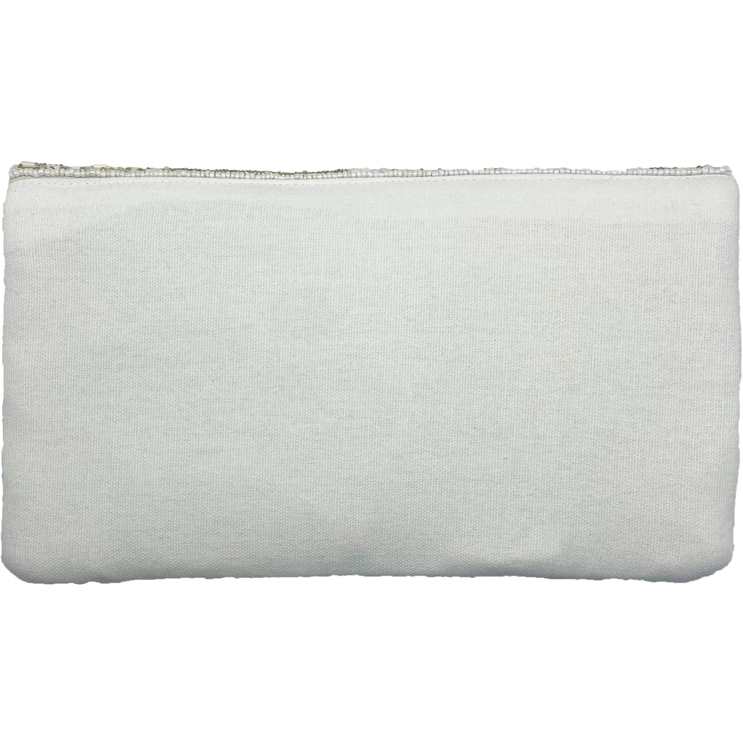 White beaded clutch bag back with zip closure and no visible decorations