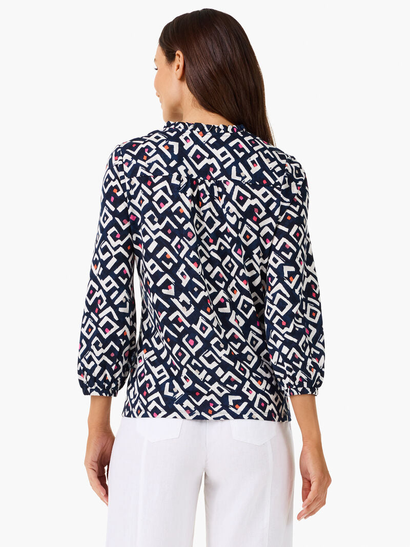 Indigo Angles Top by NIC AND ZOE, navy geometric print, 3/4 sleeves, boutique Fredericksburg style