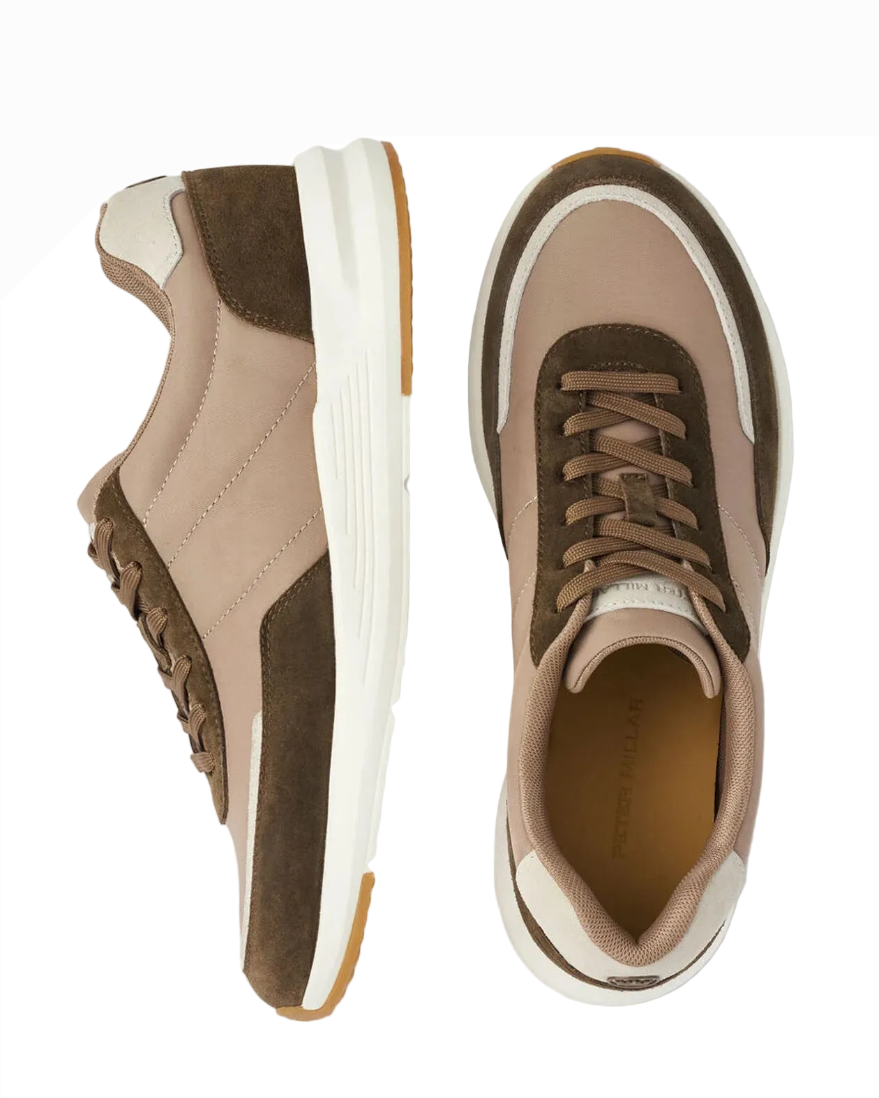 Poplar brown sneaker with beige suede panels, lace-up front, and white sole