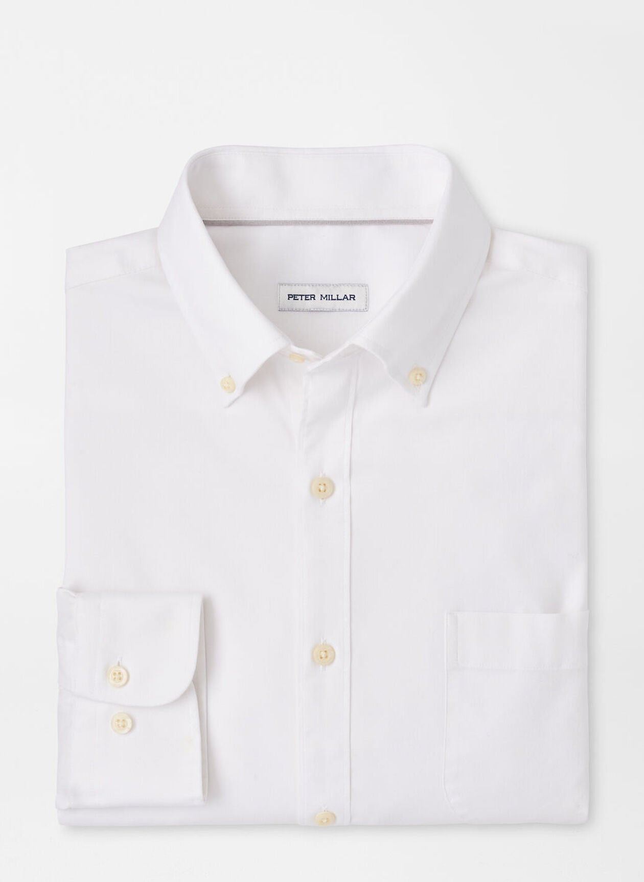 White sport shirt flat lay: point collar, button placket, chest pocket, spare cuff.