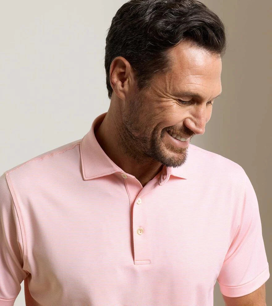 Jubilee Performance Jersey Polo - Summer Apricot in soft pink striped stretch fabric with moisture wicking