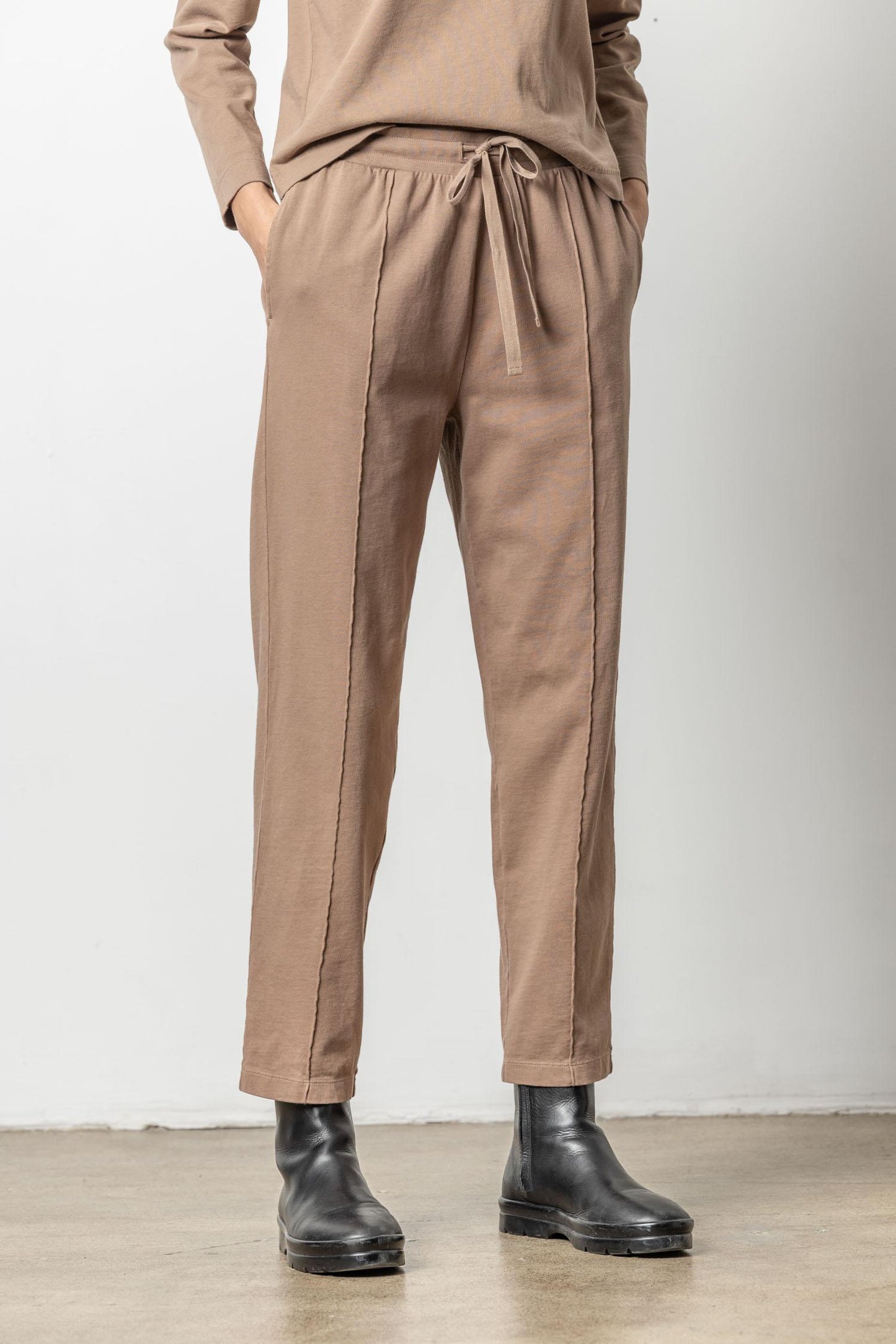 Front Seam Pant in soft taupe knit with drawstring waist, curated women's style Fredericksburg TX boutique