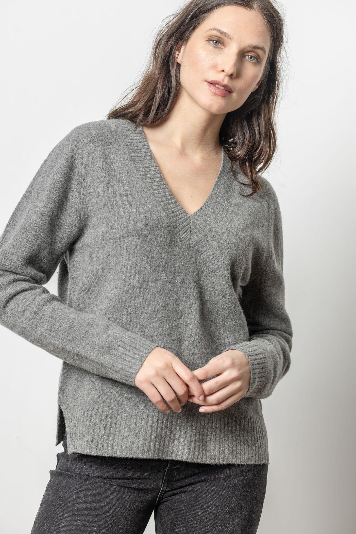 Felted Easy V-Neck Sweater in gray by LILLA P, softly draped, curated at Fredericksburg TX boutique