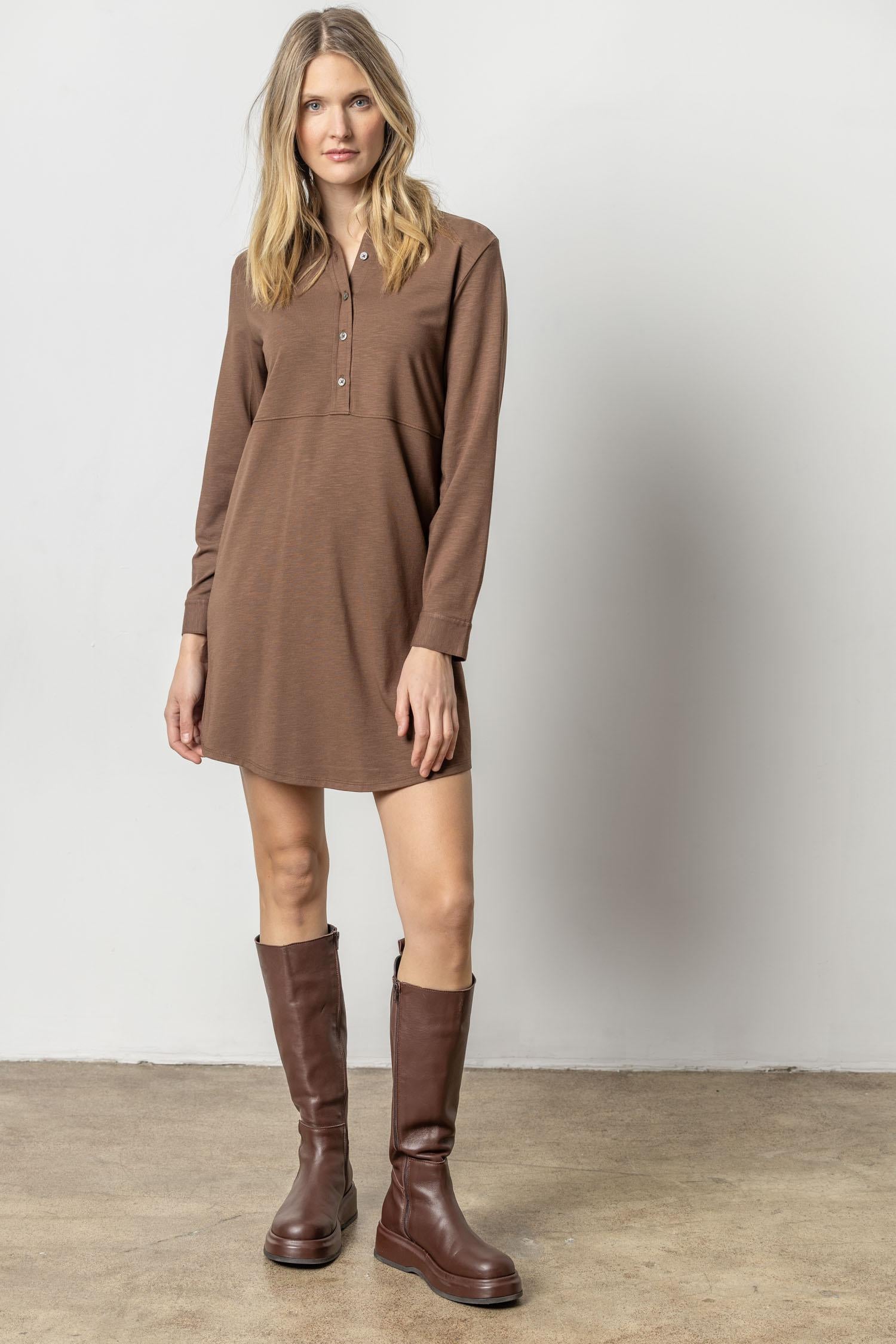 Long Sleeve Seamed Shirt Dress - Java / Large - Lilla P Long Sleeve Seamed Shirt Dress - Java / Large - Lilla P
