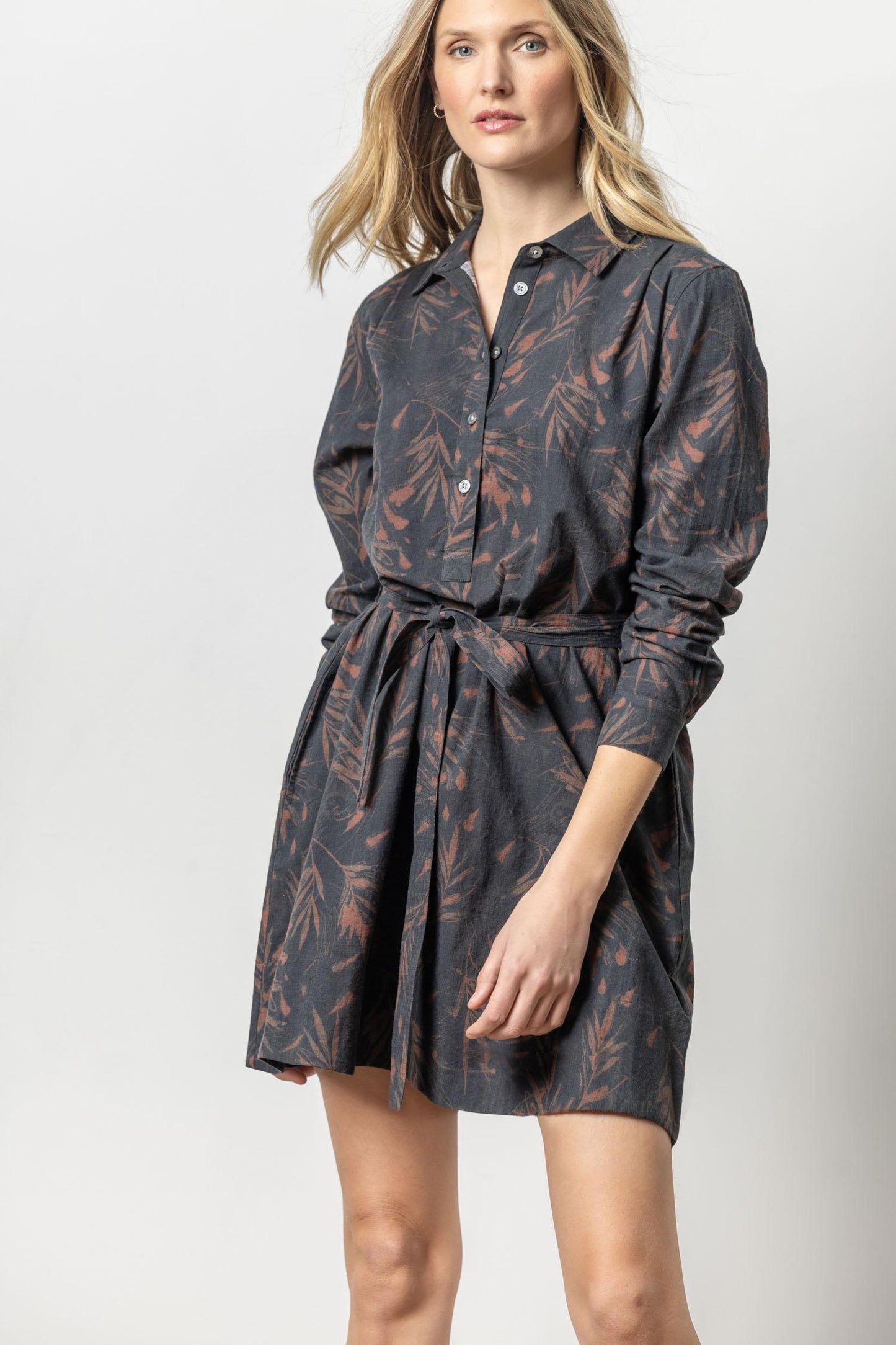 Belted Ls Shirt Dress in dark floral print, styled for effortless Hill Country living in Fredericksburg