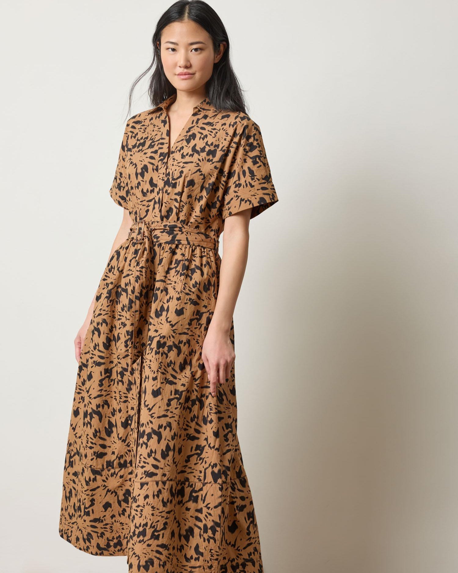 animal print maxi shirt dress Collared Maxi Shirt Dress Animal Floral / Large