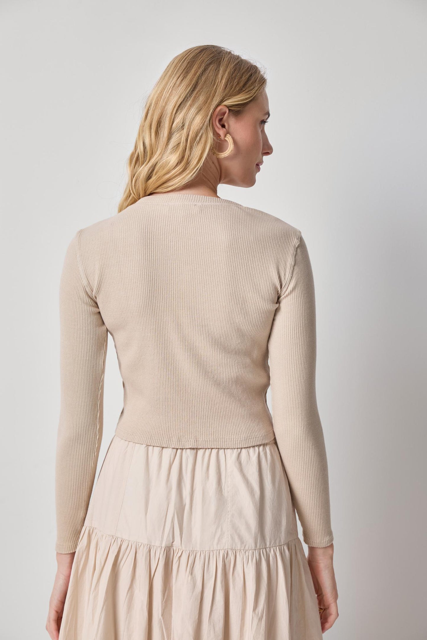 Mixed Media Cardigan in beige ribbed cotton knit with poplin detail, LILLA P Women's Sweaters