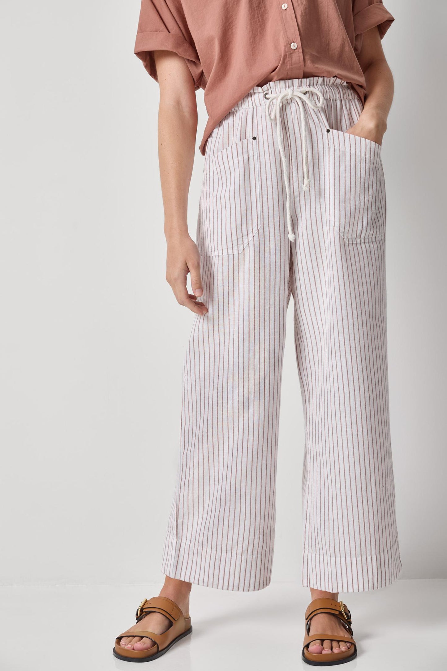 Striped Pant in white cotton-linen blend with elastic waist, drawcord, and wide fit by LILLA P
