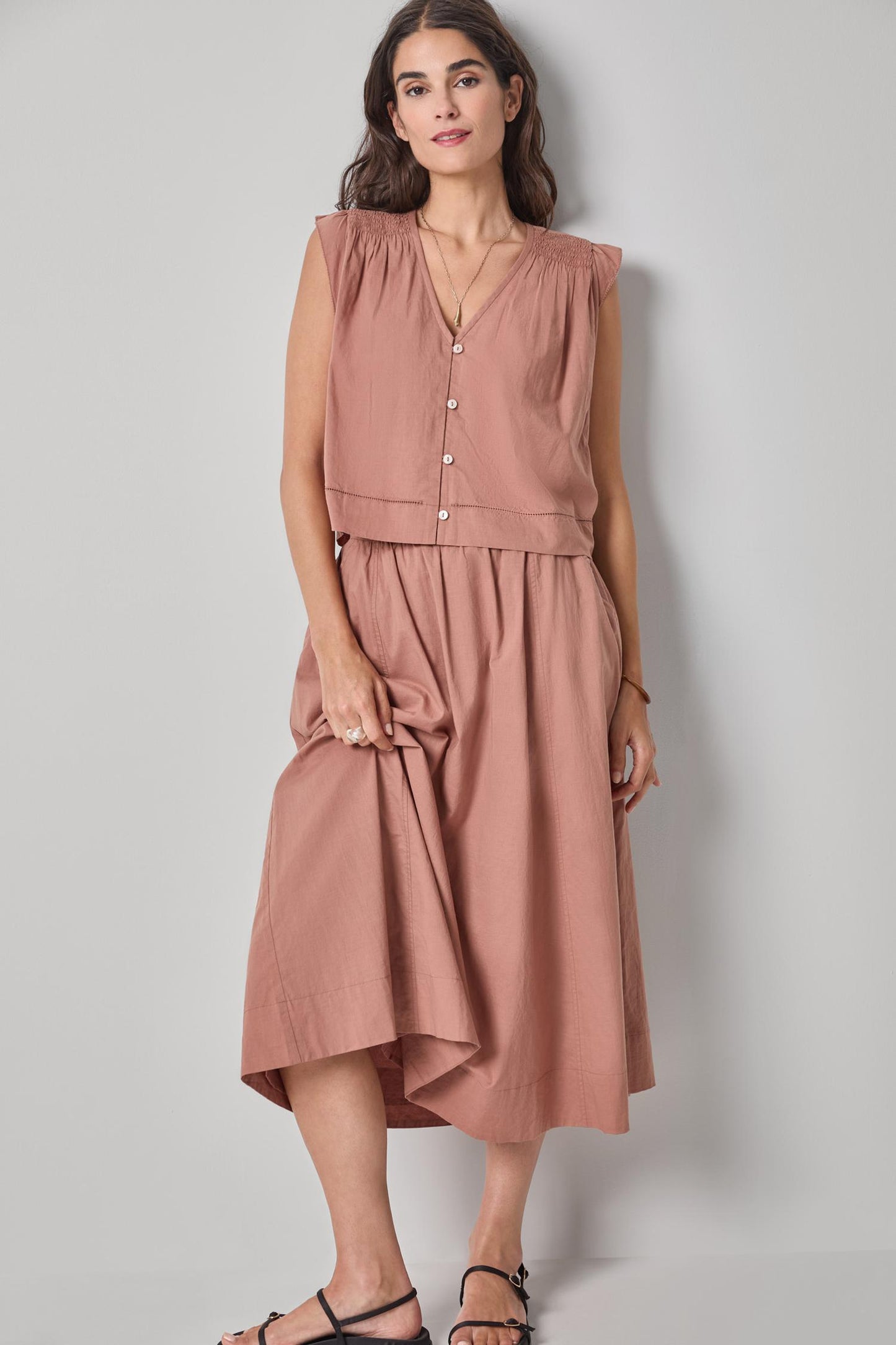 Smocked Shoulder V-Neck in muted rose pink cotton voile with button front by LILLA P boutique