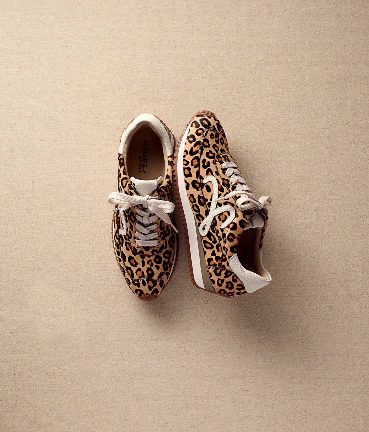 Queen - Camel Hairy Calf retro lace-up sneaker with leopard animal pattern and two-tone rubber sole