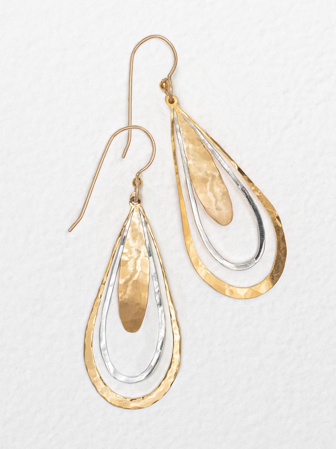 Still Waters Earrings - Gold/Silver mixed metal hammered teardrop design by HOLLY YASHI at HCO