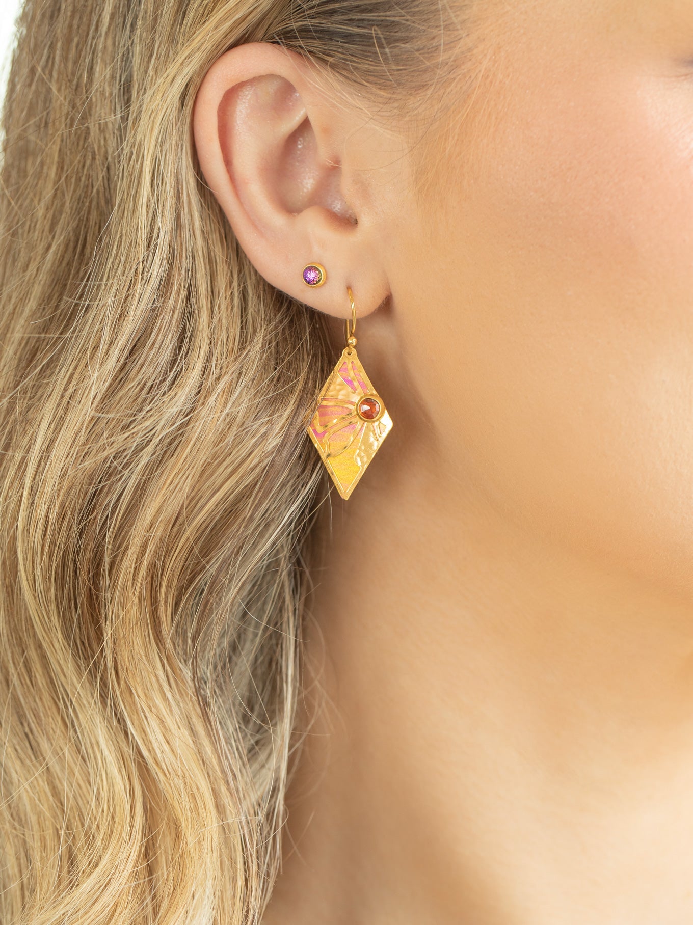 Drew Earring with hammered gold diamond shape and orange stones, HOLLY YASHI Women's Jewelry HCO