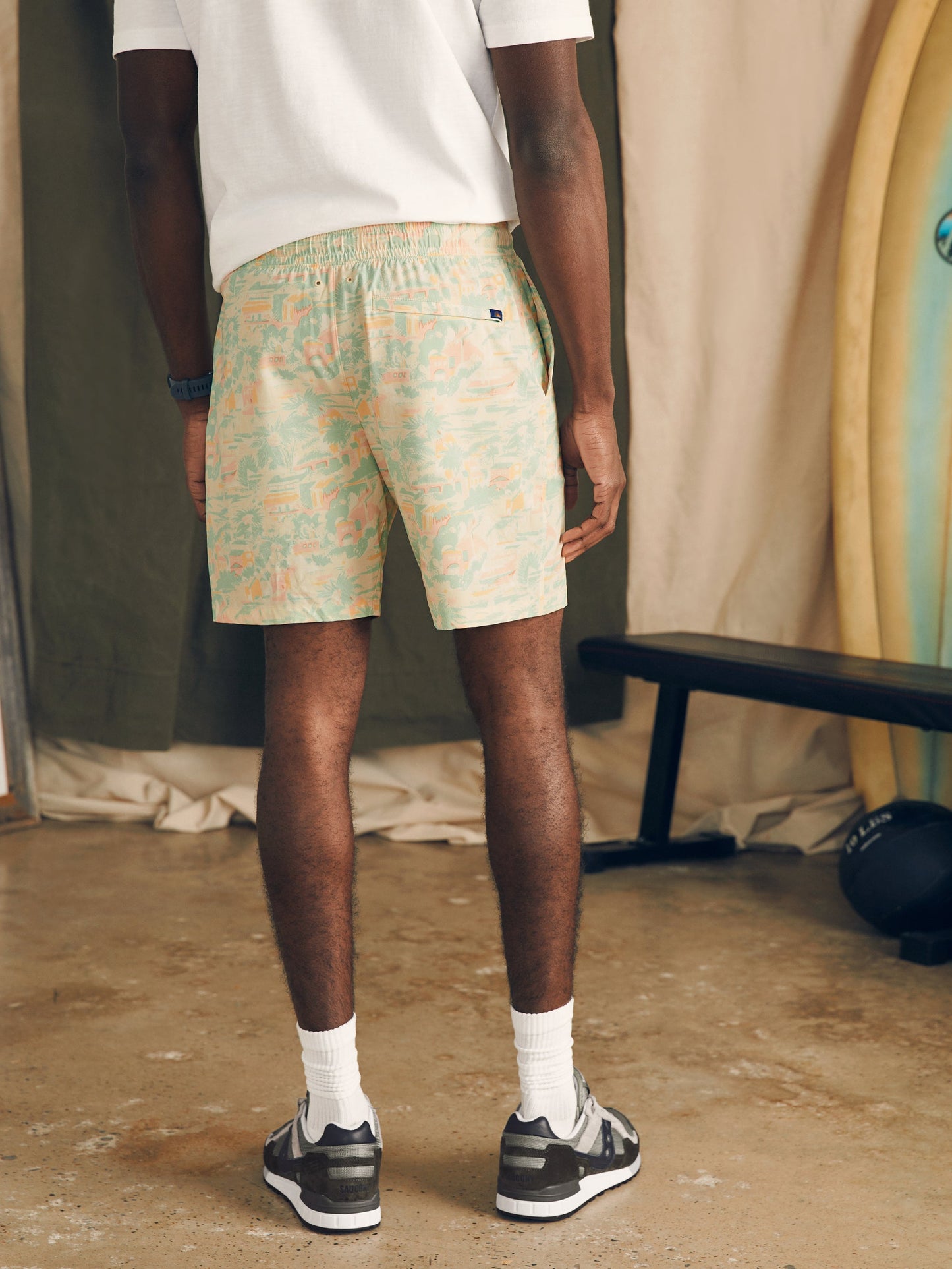 Shorelite Active Swim Trunk (7") in pastel multicolor floral, breathable, Faherty swimwear curated Fredericksburg TX