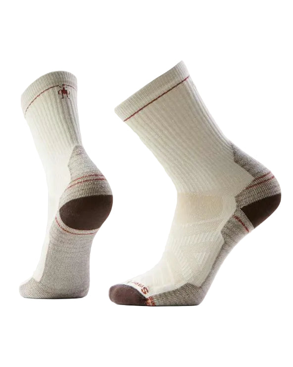 Pair of Men's Hike Light Cushion Crew Socks in cream with brown heel and toe accents, designed for durability and comfort in outdoor activities, featuring moisture-wicking fabric and light cushioning.