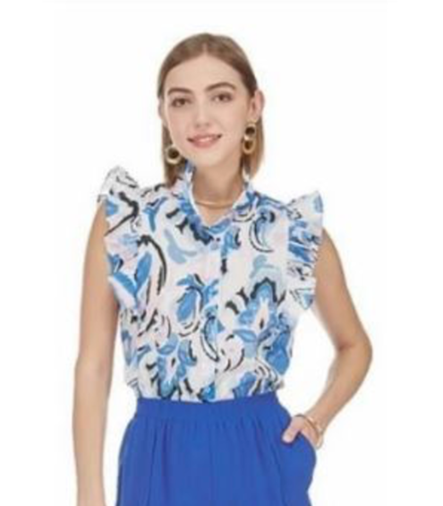 Ruffles Button Front Blouse in blue floral print with ruffled sleeves, JOY JOY Women's shirts SALE