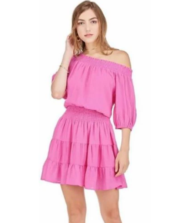 Off Shoulder Tier Dress in bright pink by JOY JOY, Women's Dresses & Jumpsuits at HCO Fredericksburg