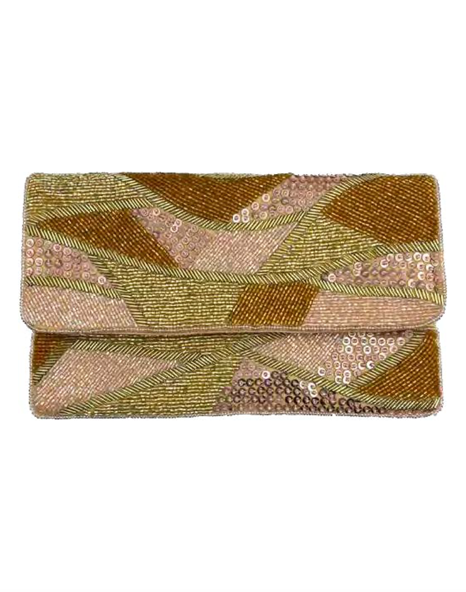 Gold Wave beaded clutch with pink and gold striped sequin pattern, envelope style