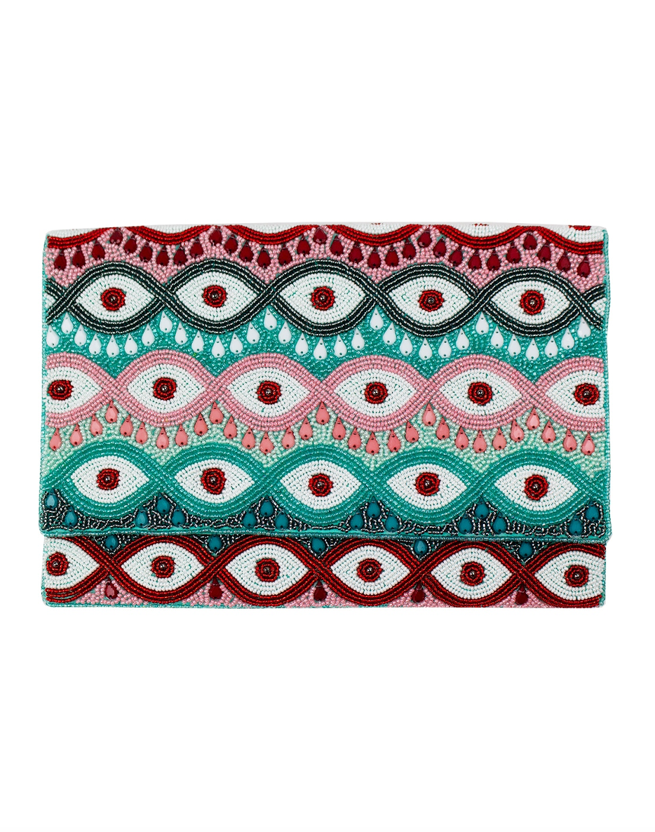 Multi evil eye clutch with teal, pink, and red beaded pattern