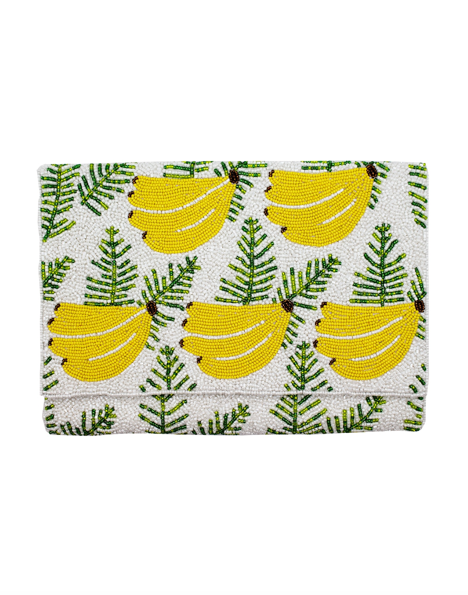 Beaded banana clutch with yellow banana motifs and green beaded leaves