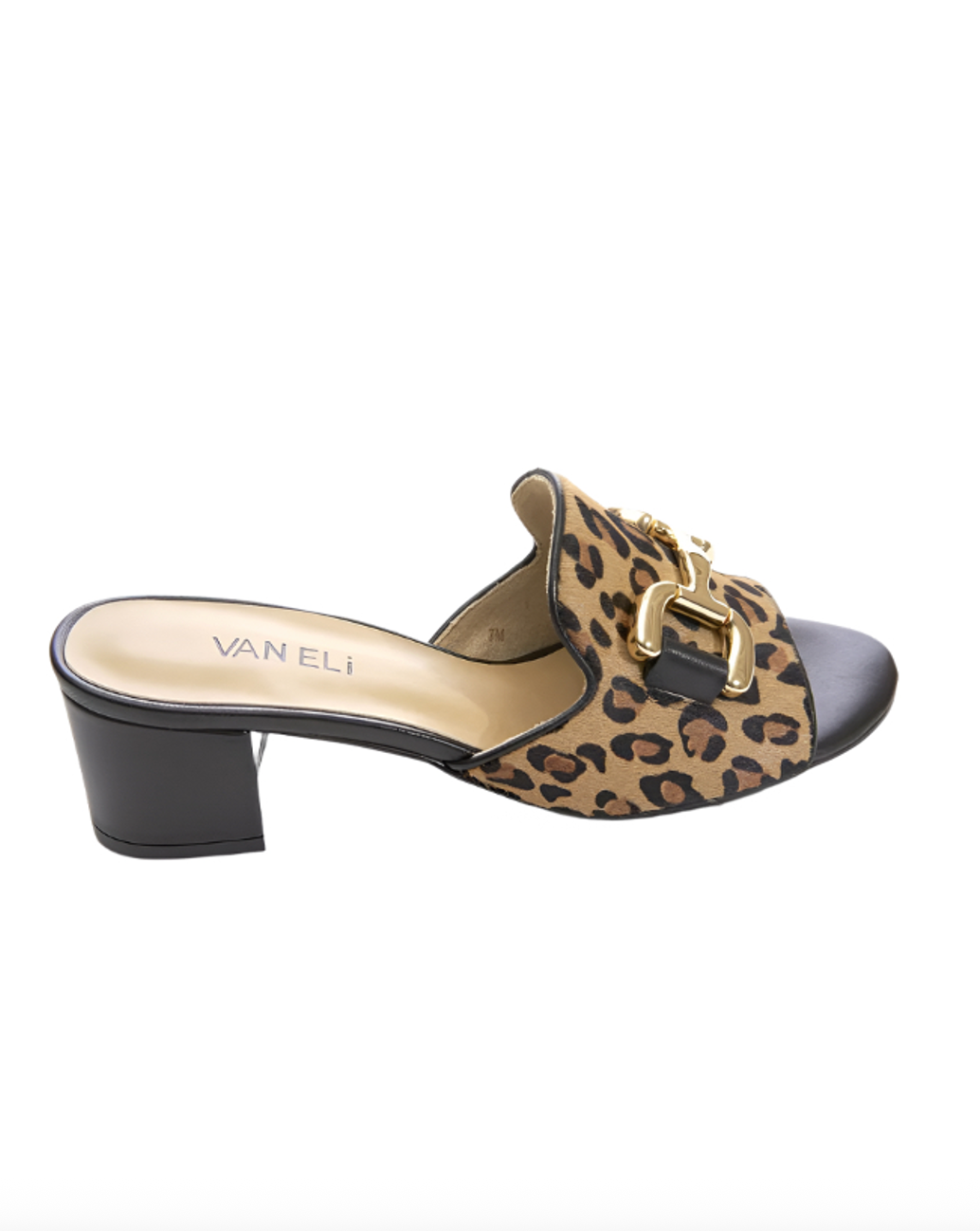 Oksana camel haircalf mule sandal with leopard print and gold buckle detail