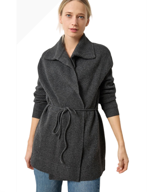 Notch Collar Open Cardigan in gray felted knit with ribbed collar and self-tie belt from LILLA P