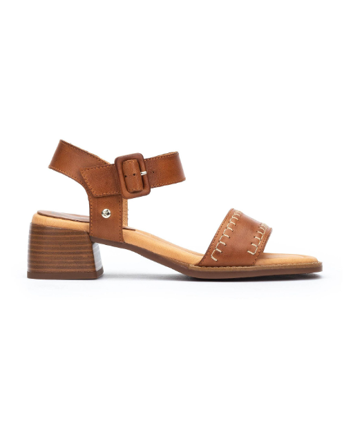 Brandy heeled sandal side view, ankle buckle strap and stitched open toe, W2G