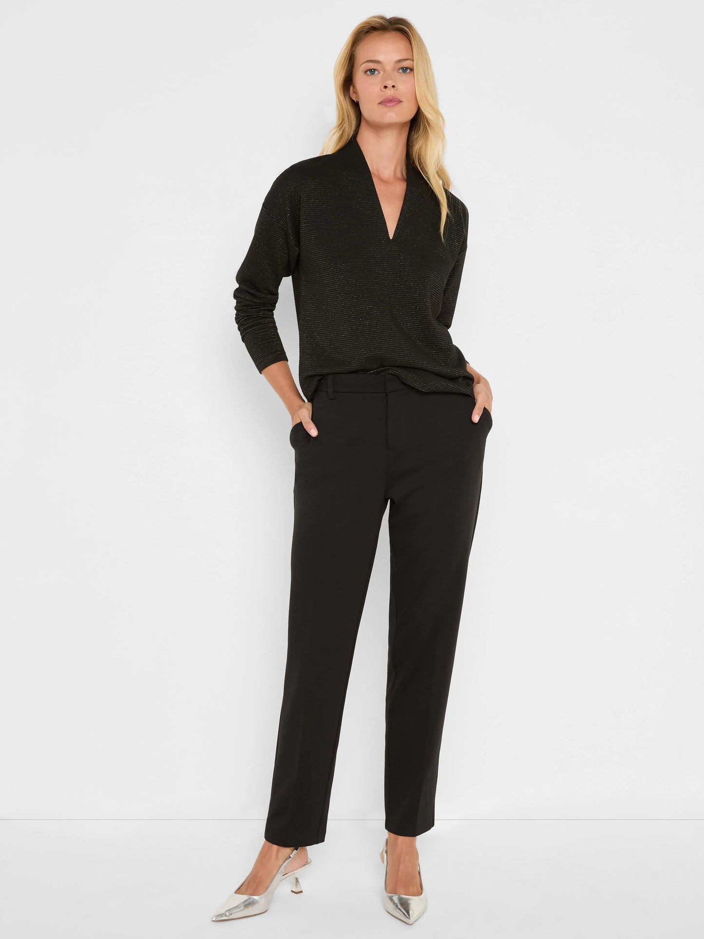28" Ponte Knit Trouser in black stretch fabric with slim tapered leg by NIC AND ZOE, women's pants
