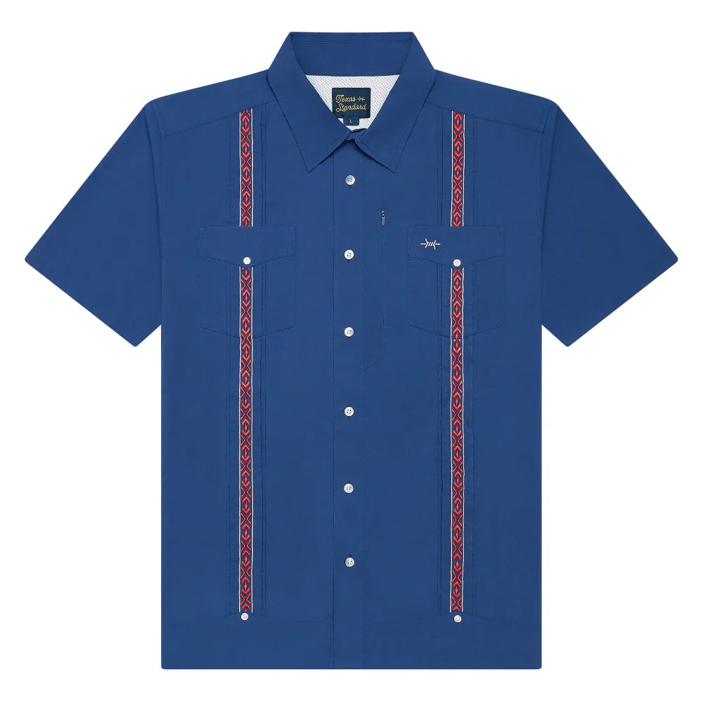 Guayabera Libre Libertad in navy with red and white geometric embroidery by TEXAS STANDARD