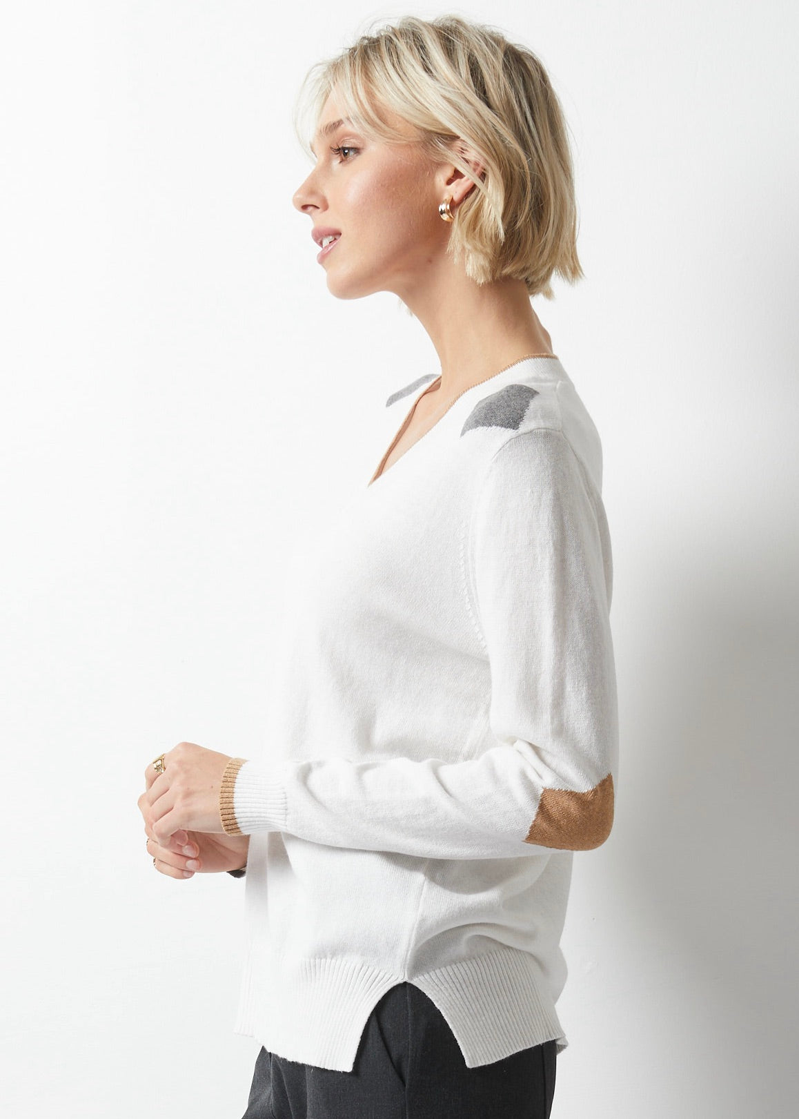 Diamond Dapper Sweater in white with tan elbow and gray shoulder patches, women's sweaters sale