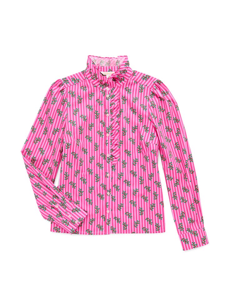 Holly Ruffle Blouse in pink floral stripe pattern by SHIRALEAH, featured at HCO Fredericksburg