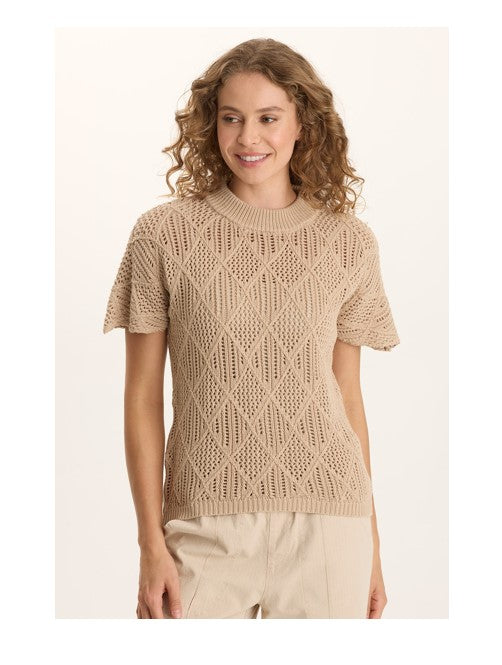 Copeland Mock Neck in beige diamond-knit Cali Cotton, short sleeve, XCVI, women's shirts SALE HCO