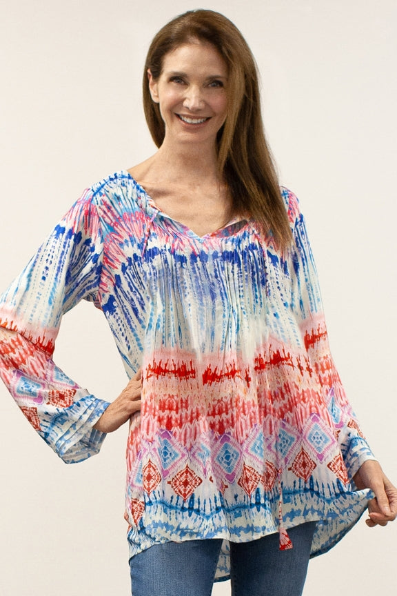 Junie Blouse in colorful boho print with long sleeves, lightweight and flowing, Fredericksburg boutique